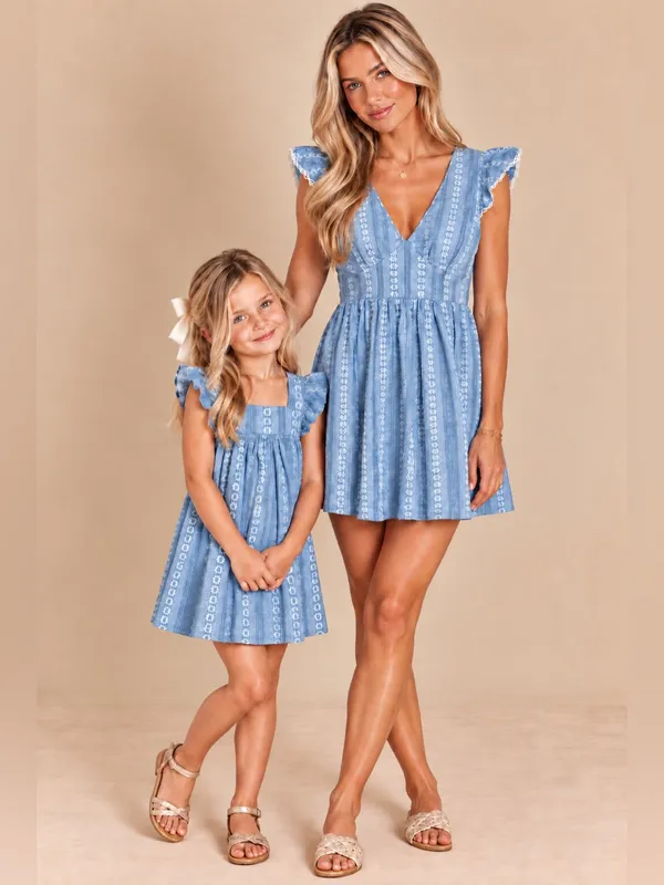Peyton & Parker Chambray Floral Embroidered Flutter Sleeve Mini Dress Small - Image 12