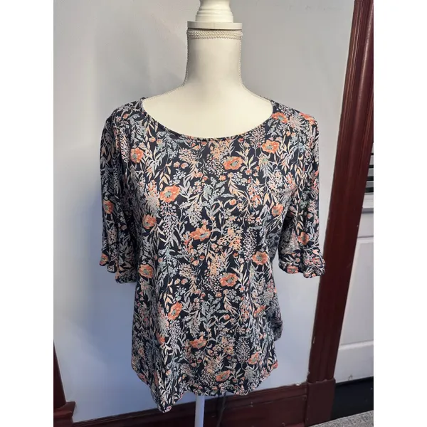 Lucky Brand Women Navy Blue Floral Flutter Sleeve Keyhole Back Knit Top Size M - Image 2