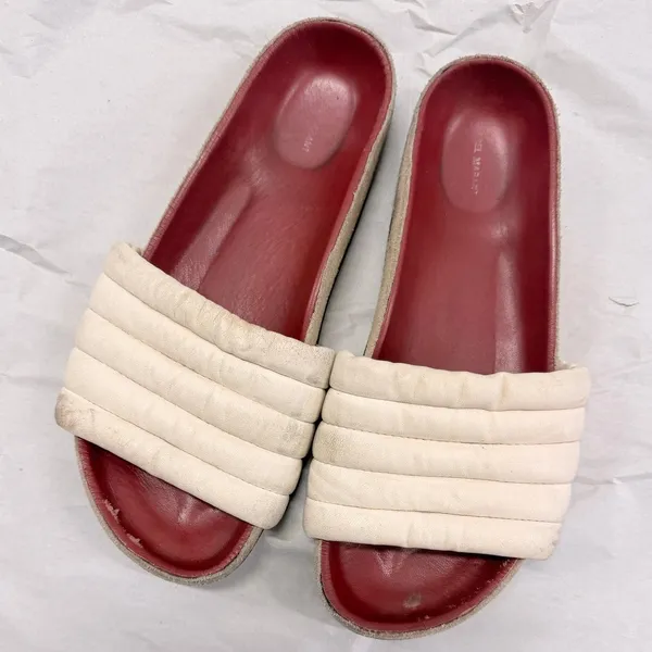Isabel Marant Hellea Slide Sandals White Quilted‎ Leather & Beige Suede Size 37 - Image 2