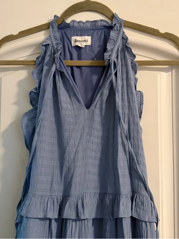 &merci Light Blue Ruffled Tiered Maxi Dress with Tie Neck - Image 3