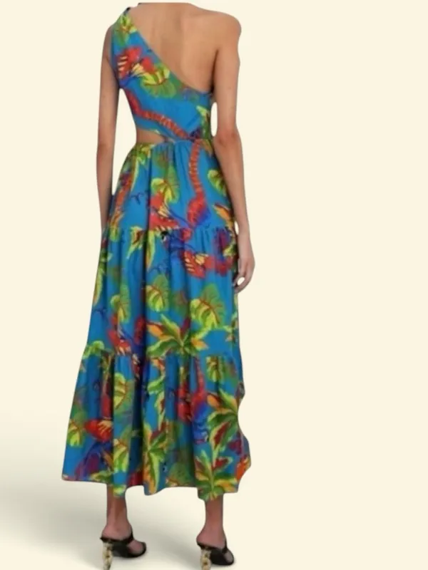 FARM RIO Blue Sunny Day One Shoulder Tropical Print Maxi Dress Sz:Medium - Image 3