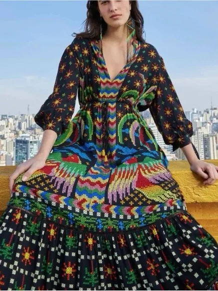 Farm Rio Macaw Night Maxi Dress Womens‎ XS Black Multi Tropical Boho - Image 4
