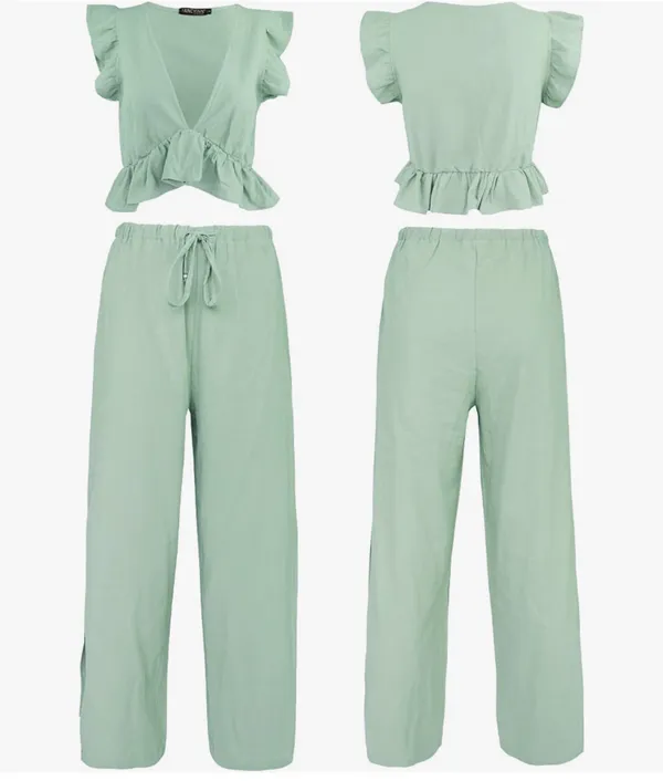 Vneck Ruffle Crop Top and Wide Leg Pants Green Size L - Image 3