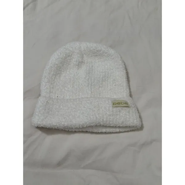 Bebe White Fuzzy Boucle Knit Beanie Logo Winter Hat Y2K One Size - Image 2