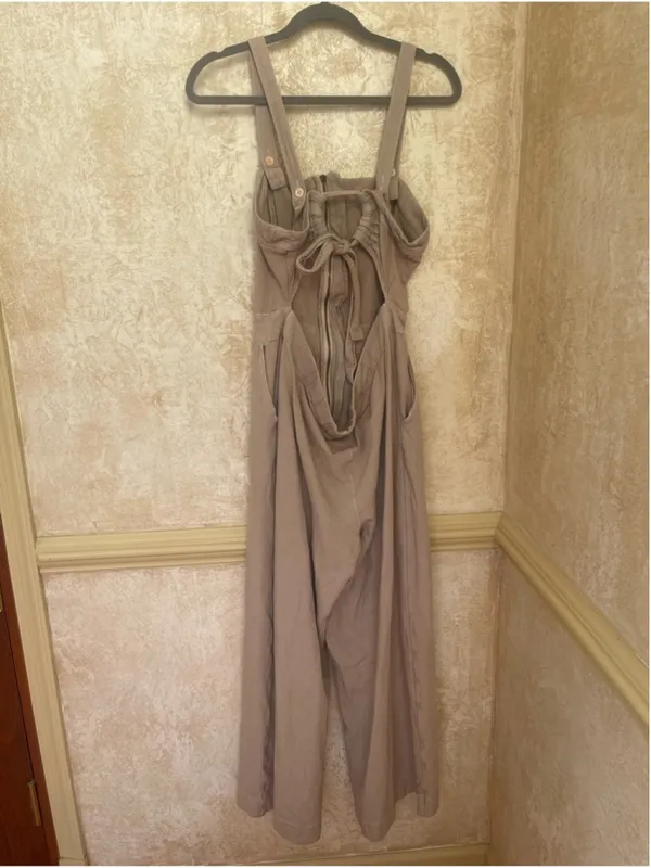 Free People Call On Me Tan Linen Blend Zip Front Wide Leg Jumpsuit Size XL - Image 12