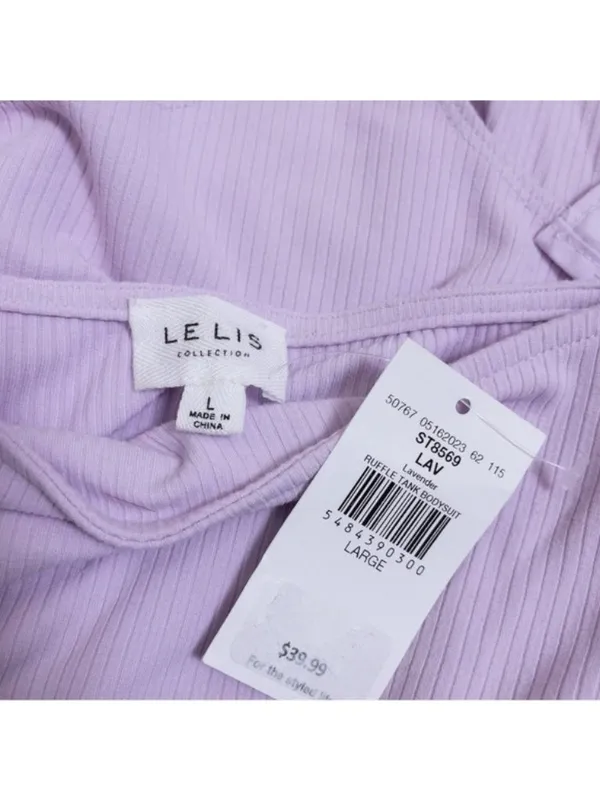 NWT Le Lis Ruffle Tank Ribbed Knit Sleeveless Bodysuit L Lavender Buckle - Image 5