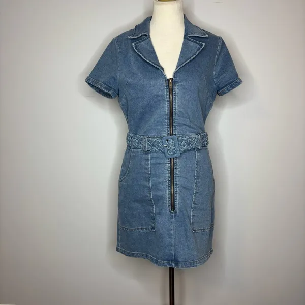 Lulu's- Distinct Icon Medium Wash Denim Belted Mini Dress With Pockets - Image 3