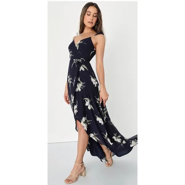 Lulus All Mine Navy Blue Floral Print High-Low‎ Wrap Dress M 65229 NWT - Image 5