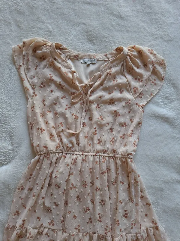 Moon River Floral Swiss Dot Tiered Midi Dress Tie Neck S - Image 2