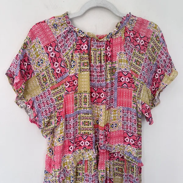 Anthropologie Robin Tiered Ruffle V-Neck Mini Dress Colorful Patchwork Print - Image 7