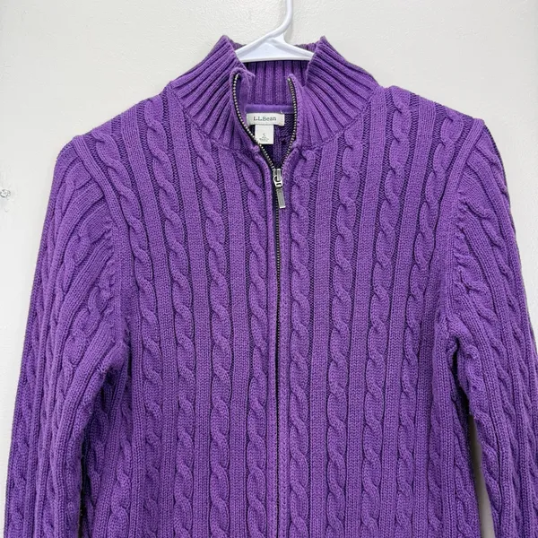 LL Bean Purple Mock Neck Full Zip Cable Cotton Cardigan Sweater Size SMALL - Image 3