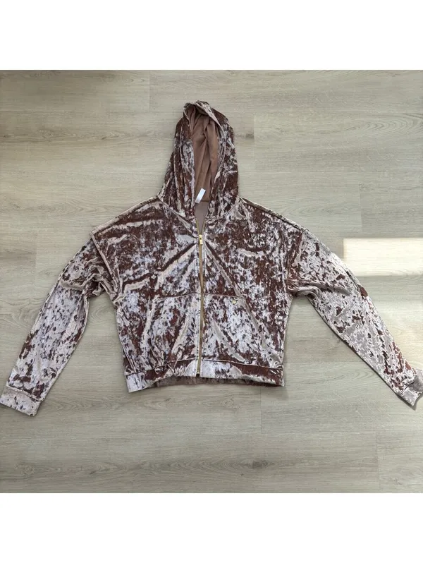 Fabletics NWOT Crushed Velvet Zip Up Hoodie Jacket Twisted Waistband Brown M - Image 3