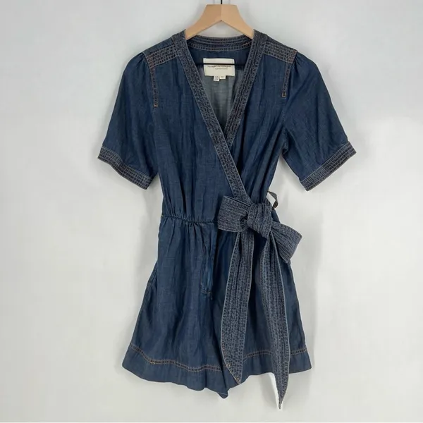 Pilcro by Anthropologie Blue Chambray Denim Tie‎ Waist Wrap Bodice V-Neck Romper - Image 3