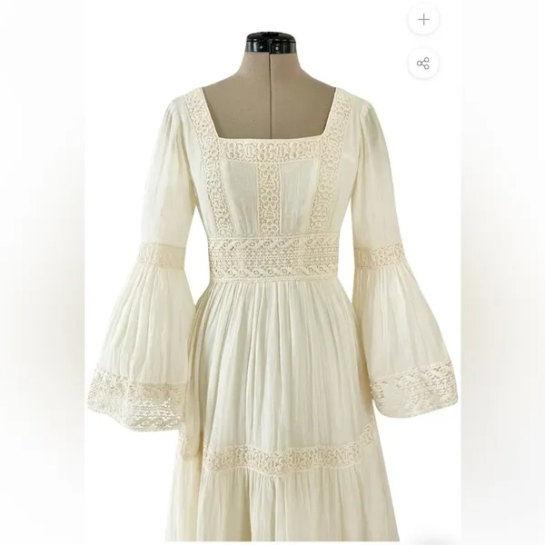 Victor Costa Mexican Wedding Dress Ivory Cotton Gauze & Lace Dress 1970 Size 0 - Image 10