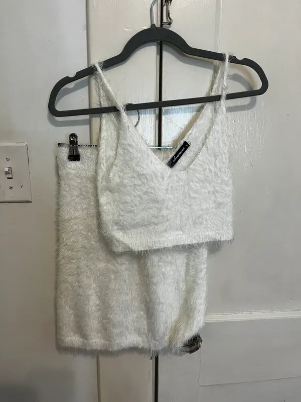 Olivaceous Boutique White Fuzzy Crop Top Skirt Set - Image 4