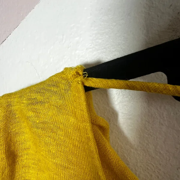 100% Linen Top Women's Medium Mustard Yellow Cowl Neck‎ Tie Back Short Sleeve - Image 7