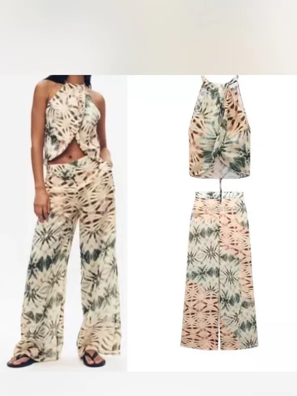 Zara Tie-Dye Wide Leg Pants Set - Green & Cream - Image 2