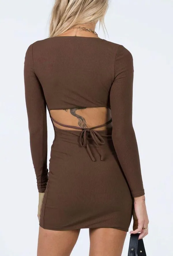 Brown Long Sleeve Dress - Image 3
