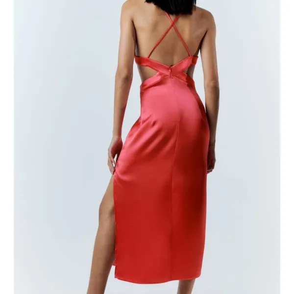 Zara Satin Sleeveless V-Neck Slip Midi Dress with Waist Cutout Pink Medium - Image 3