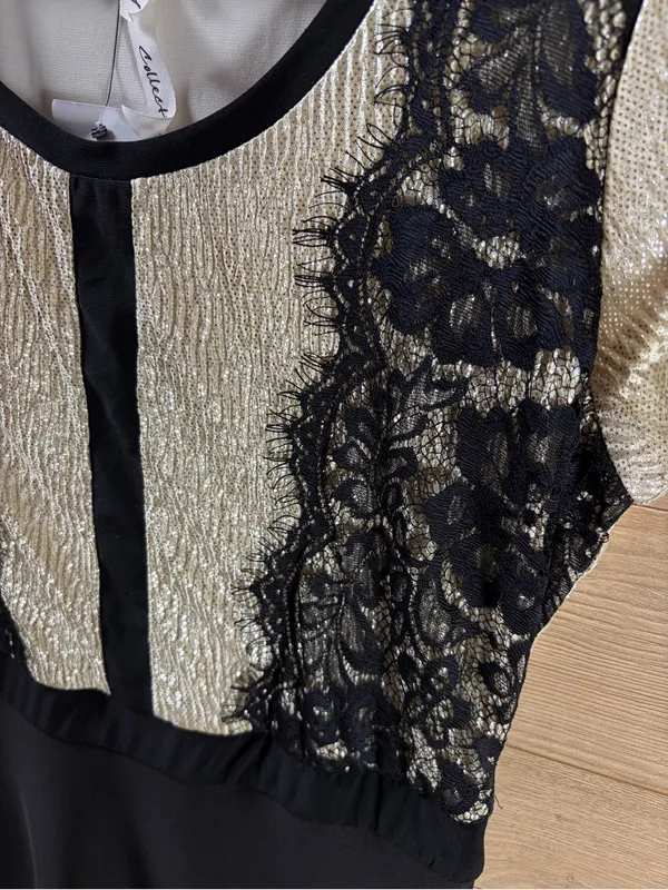 Elegant Black and Cream Lace-Trim Fit & Flare Midi Dress NY Collection XS - Image 3