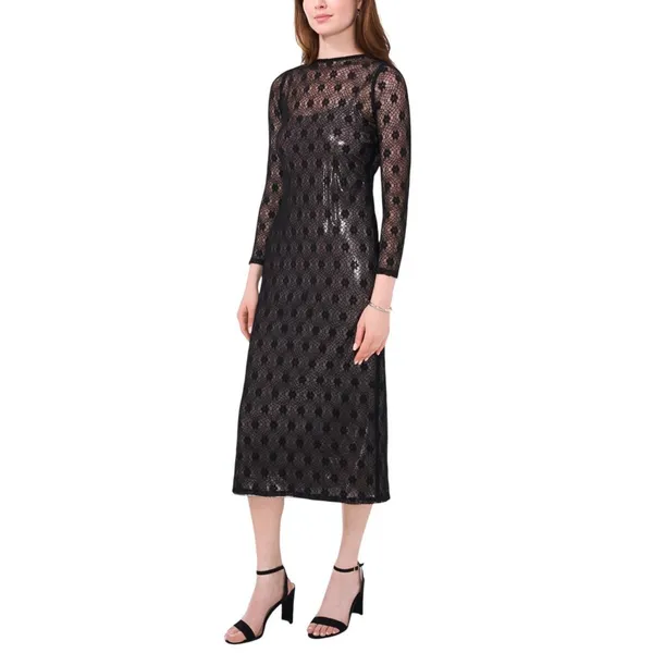 NWT Cece Womens Metallic Lace-Over Long-Sleeve Midi Dress Black XS - Image 3