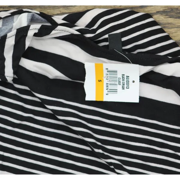 NWT Planet Gold Juniors Printed Cold-Shoulder Bodycon Dress Black Stripe S - Image 4