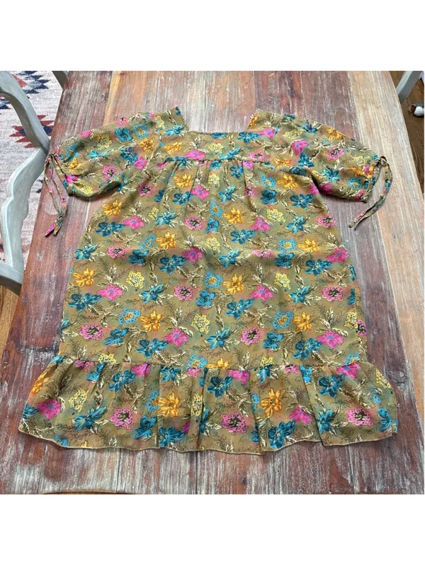 Rapsodia Boho Floral Mini Dress Square Neck Gold Beaded Trim Size S Puff Sleeve - Image 13