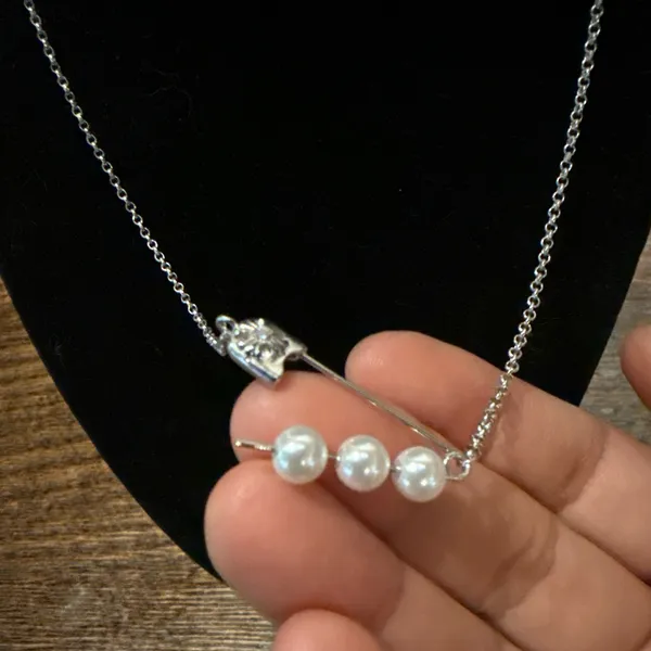 Safety Pin Pearl Necklace – Functional Pin Opens Silver - Image 2