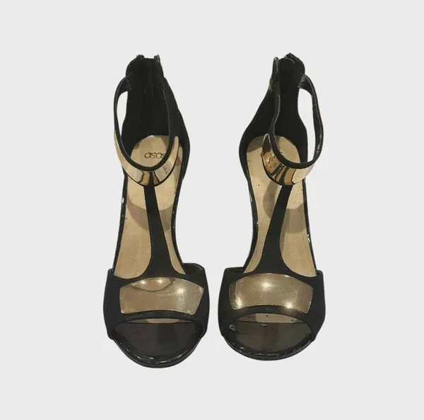 ASOS Women's Black and Gold Metallic Detail T-Strap Stiletto Heels Sz 8 - Image 3