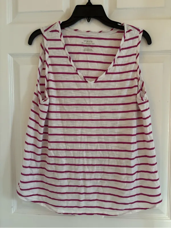 Chico's Set of Cardigan & and Matching Camisole-White with Magenta Stripes, XL - Image 2