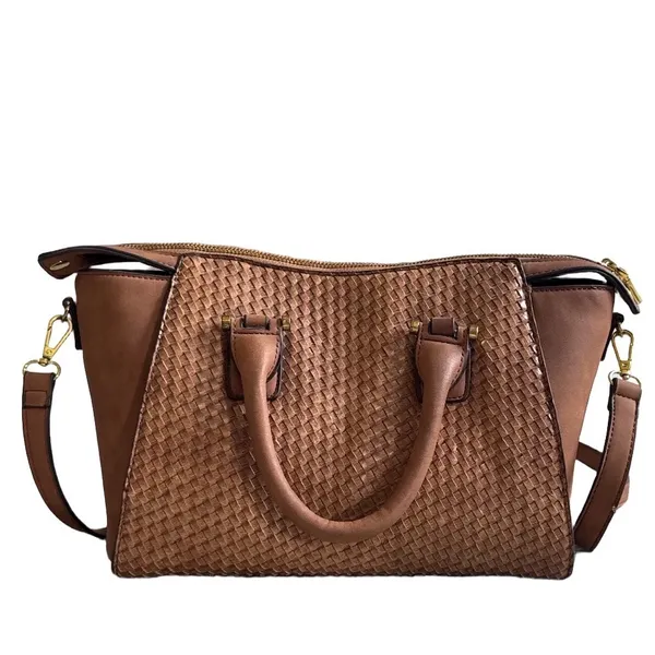 Adrienne Vittadini Woven Cognac Brown Satchel Crossbody Handbag Vegan Leather - Image 3