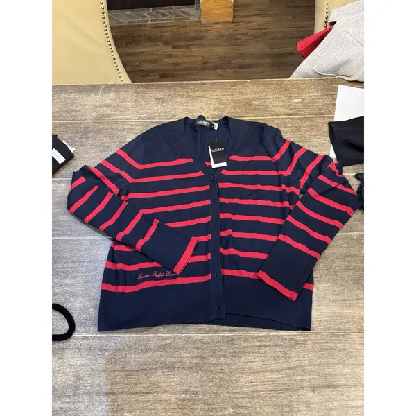 Lauren Ralph Lauren Women Striped Cotton Cardigan Sweater Navy/Red Size Large - Image 2
