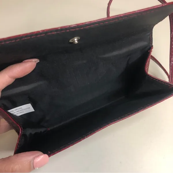 Deep Red Faux Leather Croc Textured Mini Fold Snap Purse Handbag - Image 5