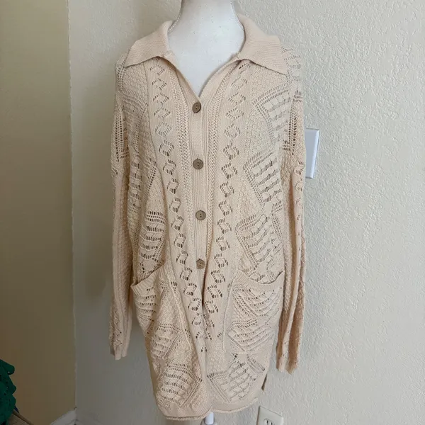 FREE PEOPLE BEACH Get Away Faux Crochet Cardigan Tan Size Medium‎ NWT - Image 3