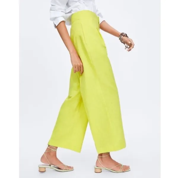 NWT ZARA Lime Green Cotton / Linen Blend Wide Leg Trouser Bloggers Fav XS - Image 2