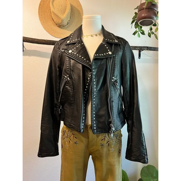 Free People Black Vegan Leather Moto Studded Zip Up Jacket Size XS Oversized - Image 9