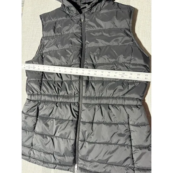 Womens Black Quilted Puffer Vest Hooded Full Zip large‎ Jacket Cinched Waist - Image 3