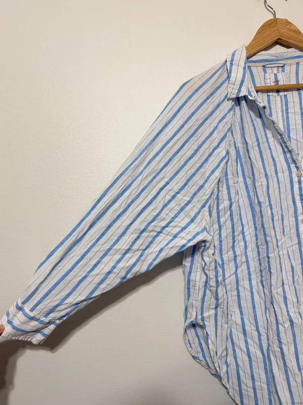 Aerie Pool-To-Party Linen Blend Cover Up Shirt Button Up Blue Stripe Medium - Image 6