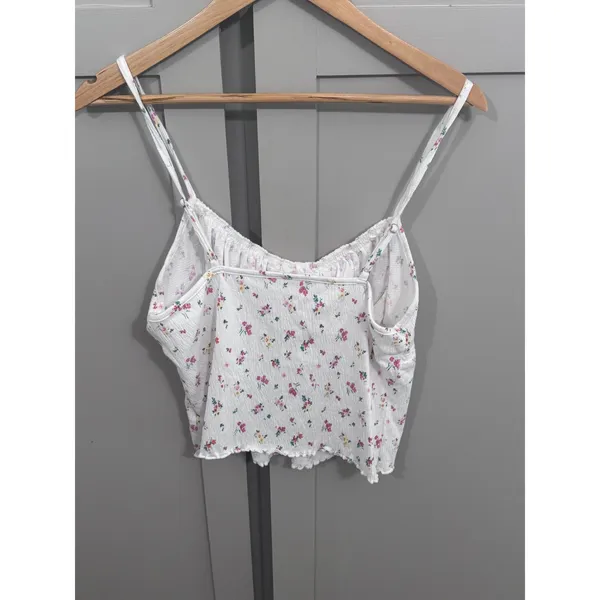 No Boundaries Floral Milkmaid Cami Top White Pink Lace Trim Cottagecore Large - Image 2