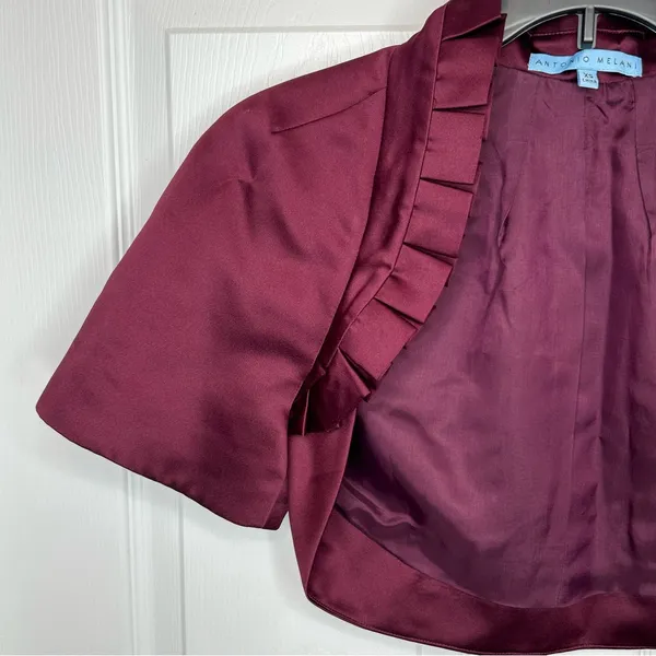 Antonio Melani Ruffled Burgundy Satin Bolero‎ Shrug Jacket Size XS - Image 5