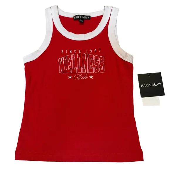 Wellness Club Ribbed Ringer Tank Top Red White Retro‎ Sporty Tennis Prep XS NWT - Image 2