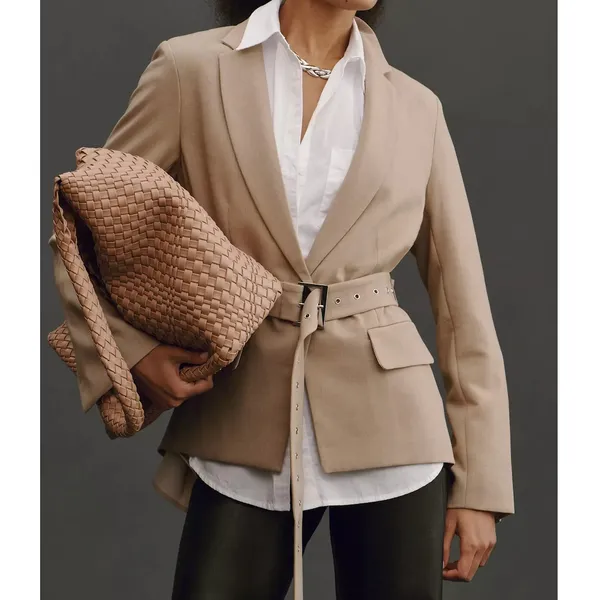 Maeve Pleated Back Belted Blazer Beige Tailored Career Office Jacket Size Small - Image 2