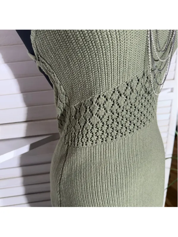 Y2K mini dress sage green crocheted cotton boho fairy backless festival grunge L - Image 9