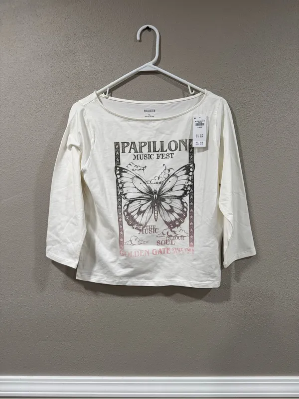 NWT Hollister Slash Neck White Butterfly Graphic Long Sleeve Tee - Image 2