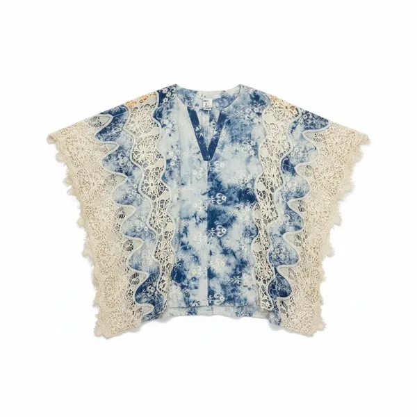 Mindset‎ by XCVI Large Blue Acid Wash Tie Dye Crochet Lace Poncho Top Boho - Image 10
