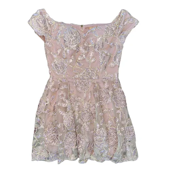 Blush Pink Embroidered Lace Wedding Guest Dress Size Large 3D Floral Formal - Image 2