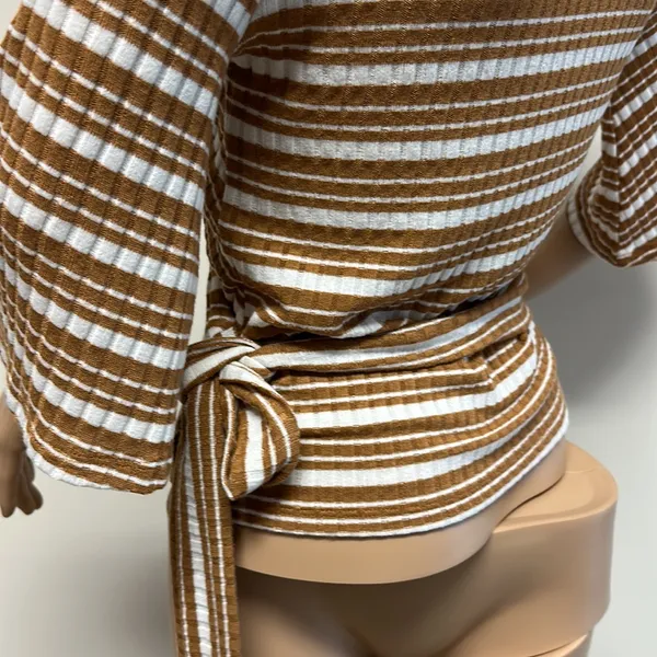 NWOT Socialite Brown & White Wrap Top diagonal stripes size S - Image 6