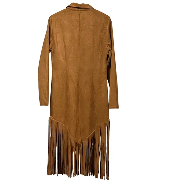 Womens Faux Suede Fringe Western Midi Dress Camel Brown Long Sleeve Size L - Image 3