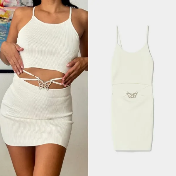 Bershka Butteryfly Cut Out Shift‎ Dress White XS Concert Fairy Feminine Romantic - Image 2