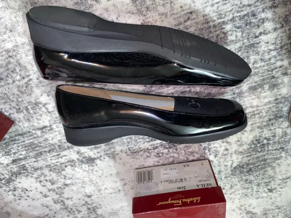 Salvatore Ferragamo Seila Black Patent Leather Wedge Loafers Size 7AA - Image 4